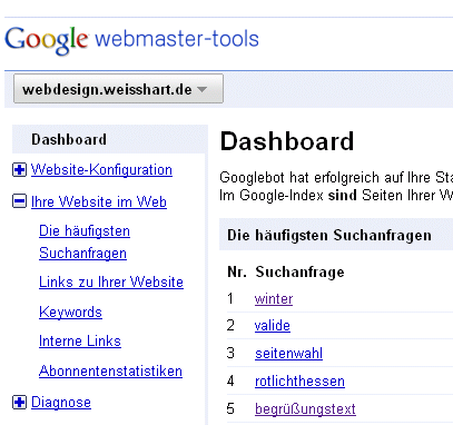 Das Menü aufgeklappt