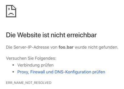 Fehlermeldung, wenn eine Domain nicht gefunden wird.