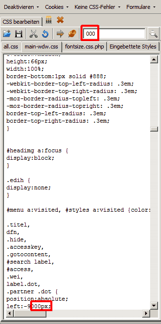Screenshot Web Developer CSS bearbeiten