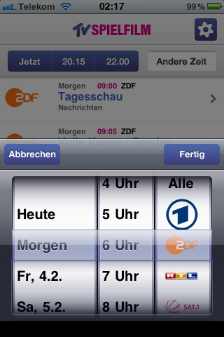 Screenshot Auswahlmenü TVSpielfilm